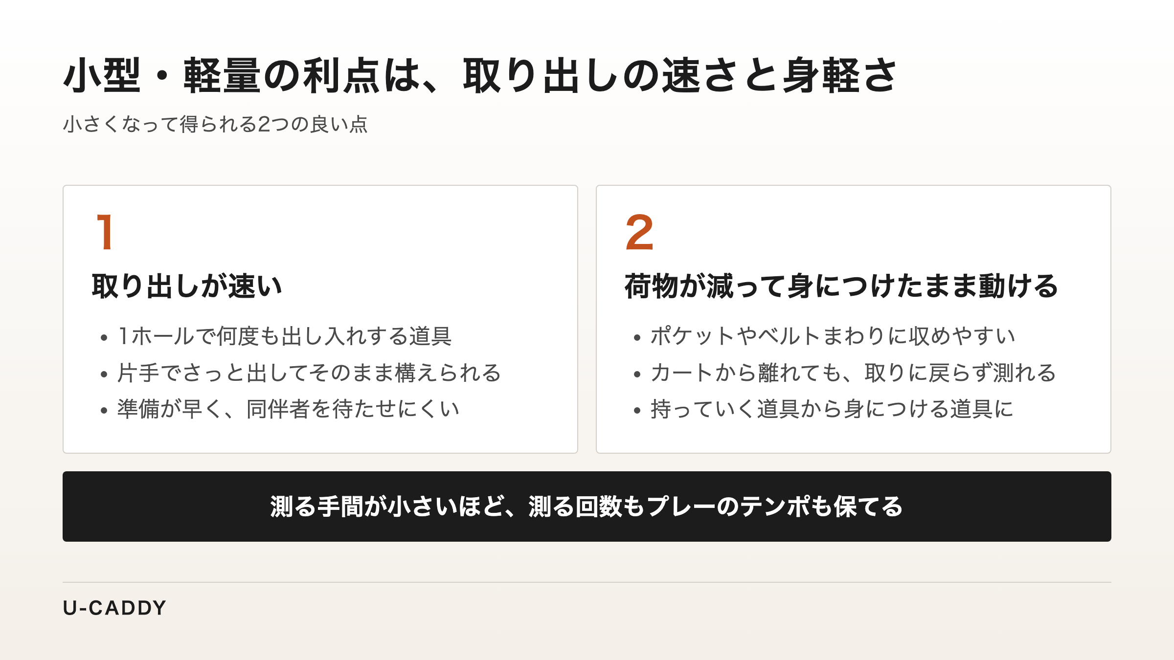 小型・軽量の利点は、取り出しの速さと、荷物が減って身につけたまま動けることの2つであると示した図