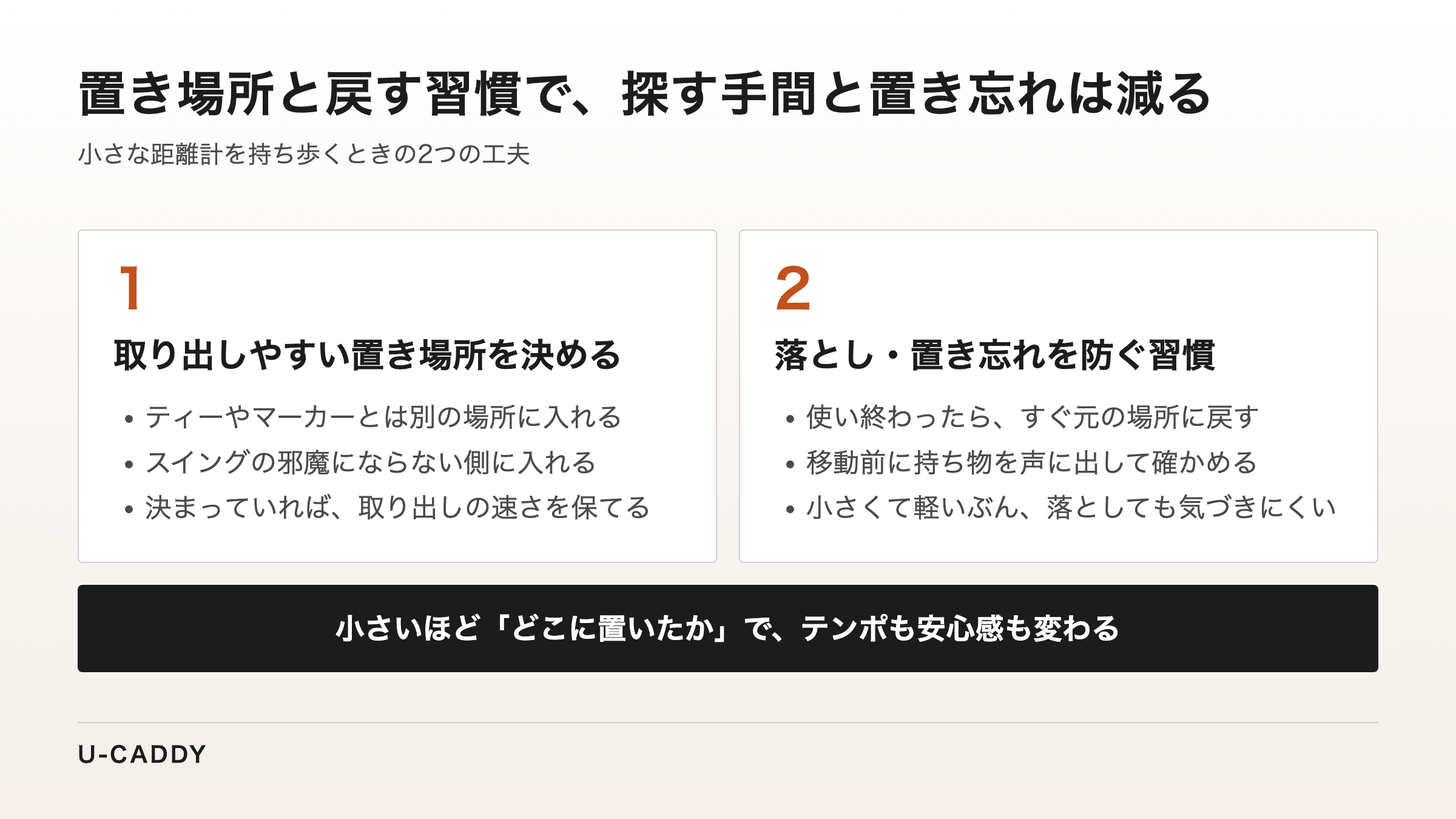 置き場所を決めることと、使い終わったら戻す習慣の2つで、探す手間と置き忘れが減ることを示した図