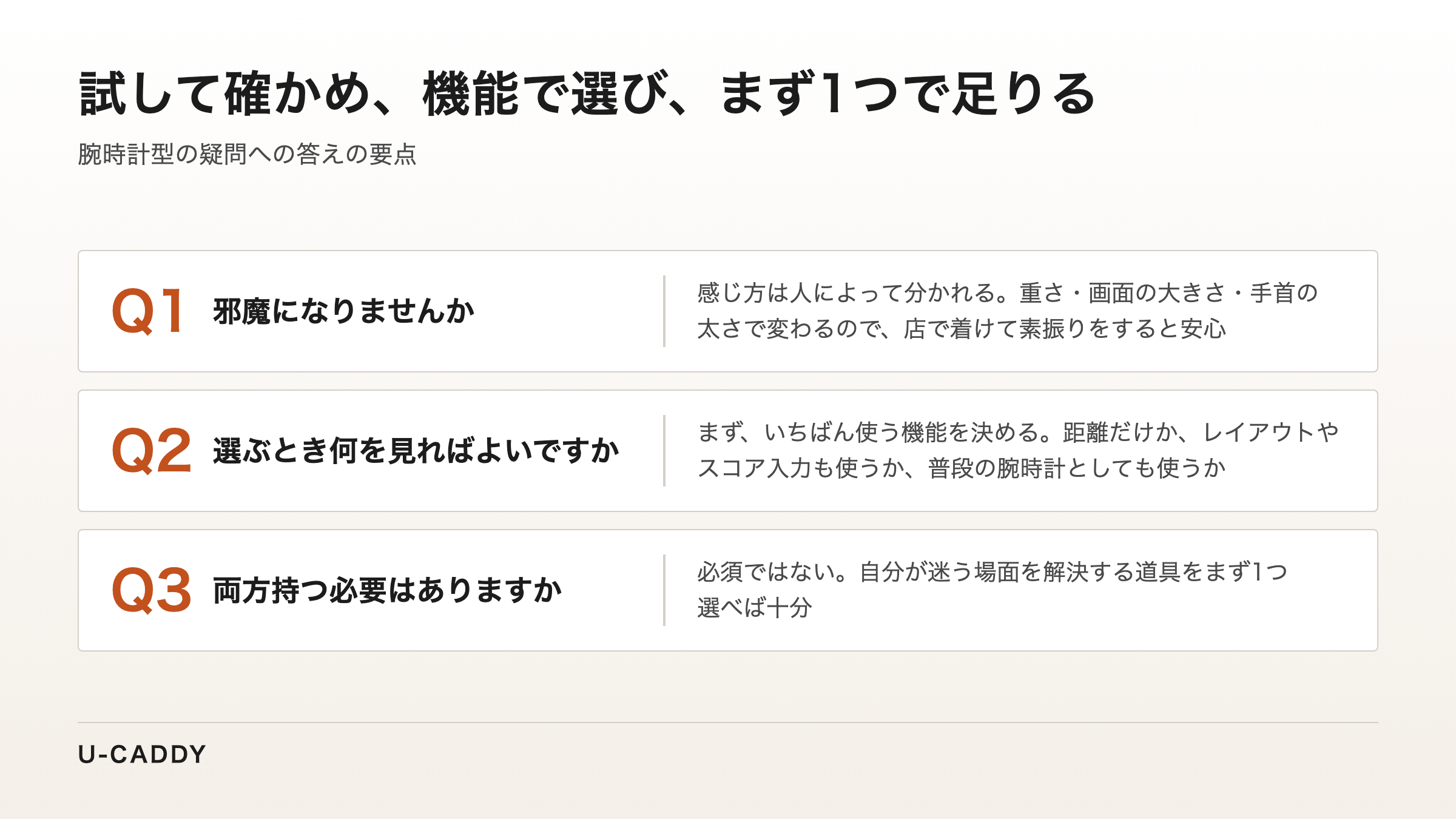 腕時計型の着け心地・選ぶ基準・両方持つ必要についての3つの疑問と答えの要点をまとめた図