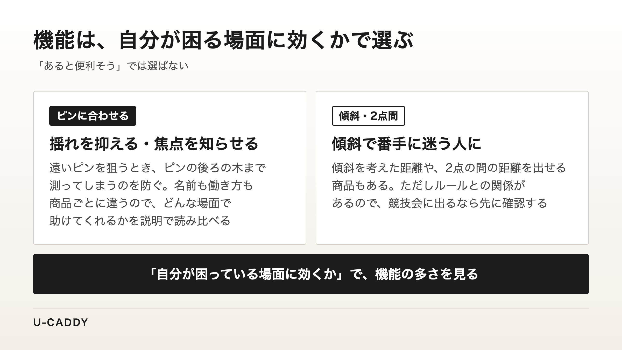 ピンに合わせる機能と傾斜・2点間の機能を、自分が困る場面に効くかで選ぶことを示した図